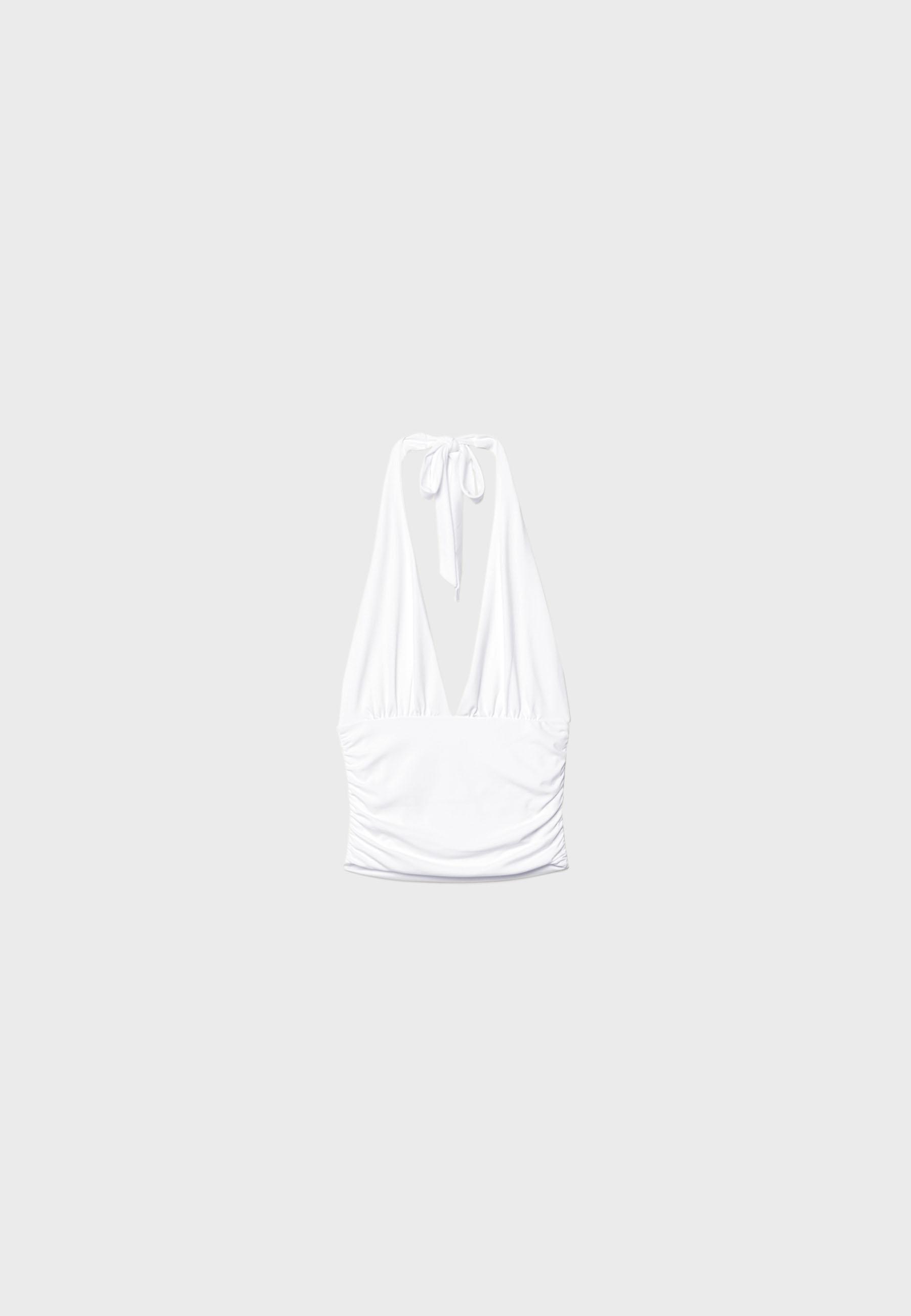Ruched halter top with neck tie — Ecru