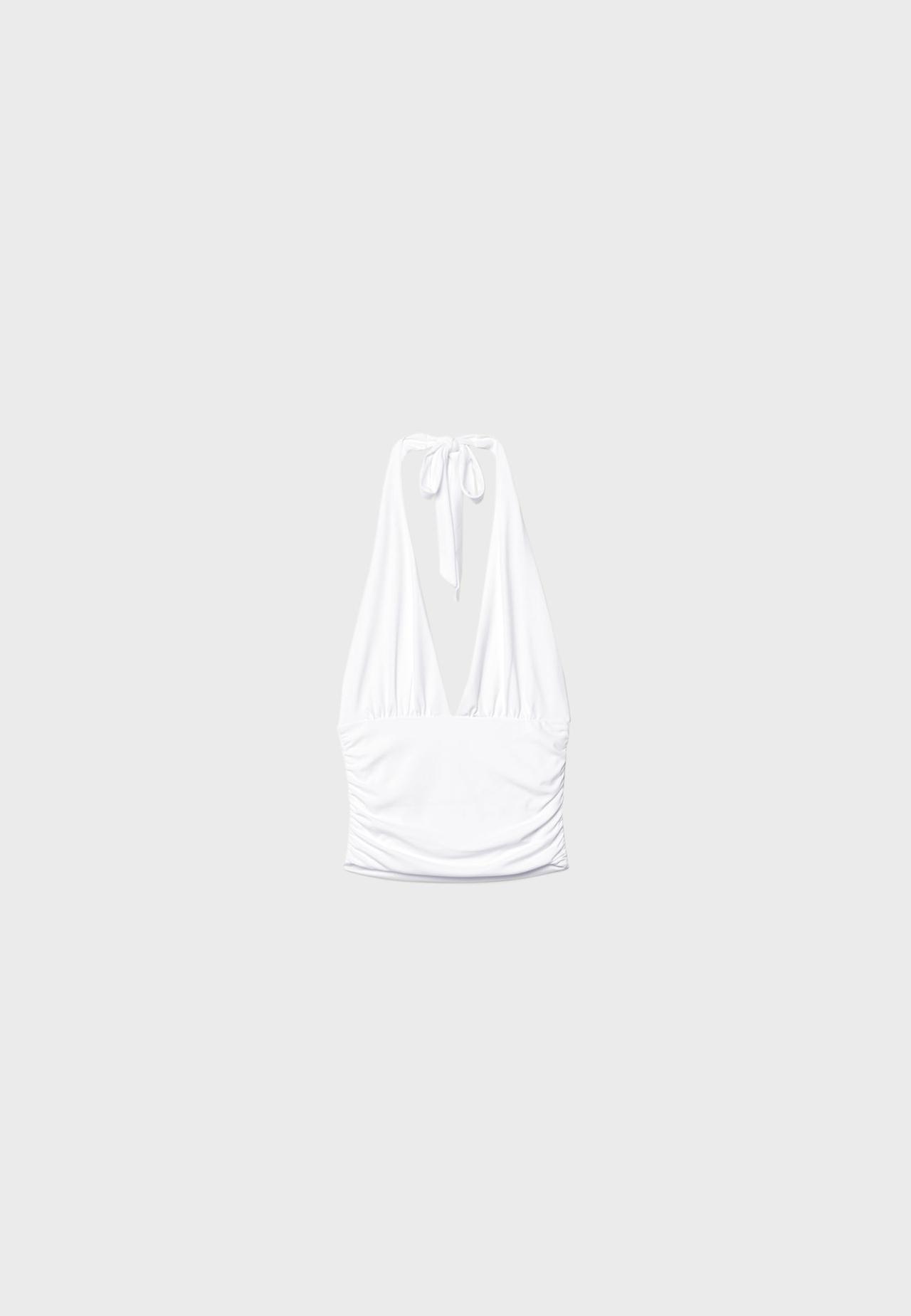 Ruched halter top with neck tie — Ecru