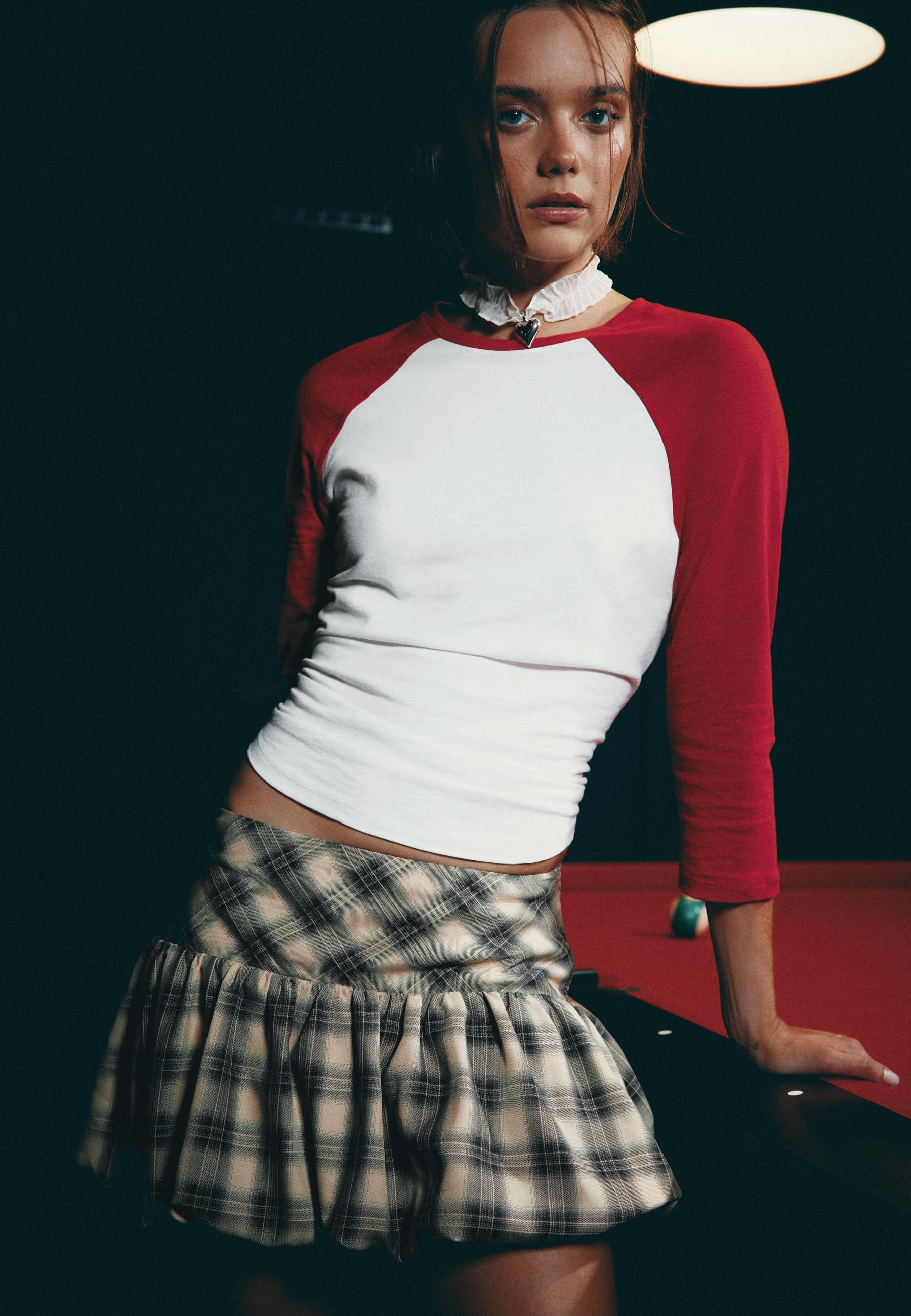 Check balloon mini skirt — Beige