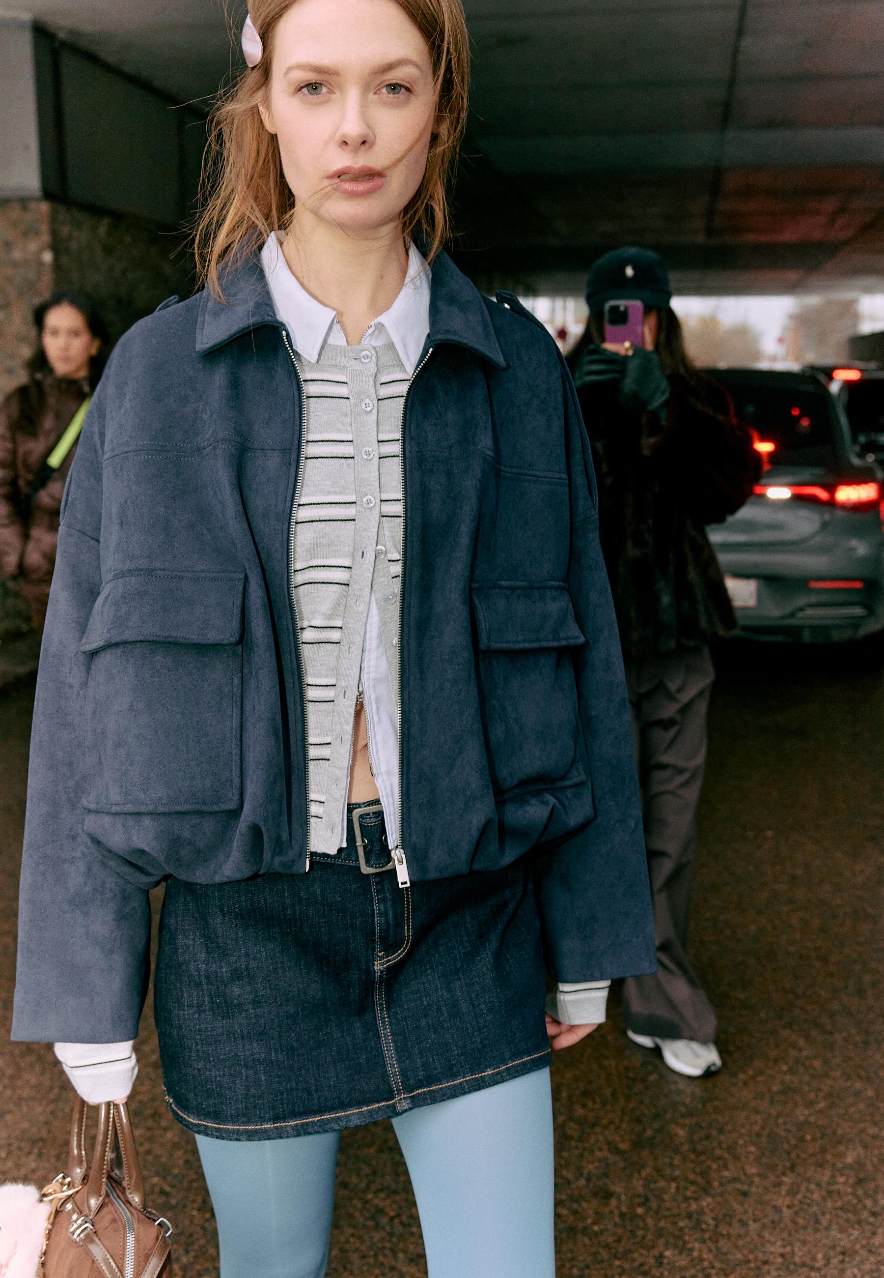 Faux suede bomber jacket — Navy blue