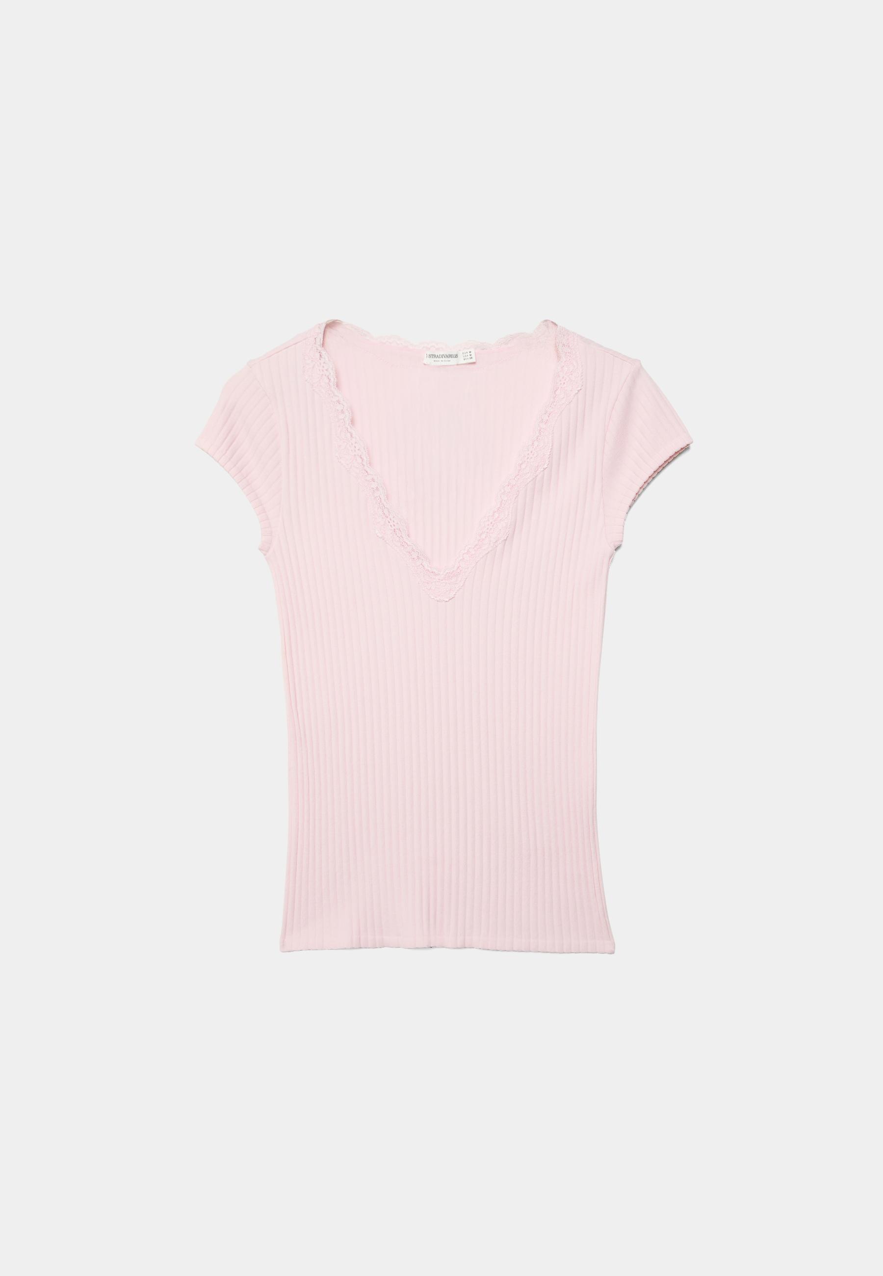 V-neck lace short sleeve T-shirt — Salmon pink