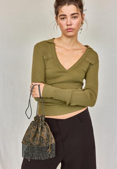 Beaded fringed crossbody bag — Khaki 2