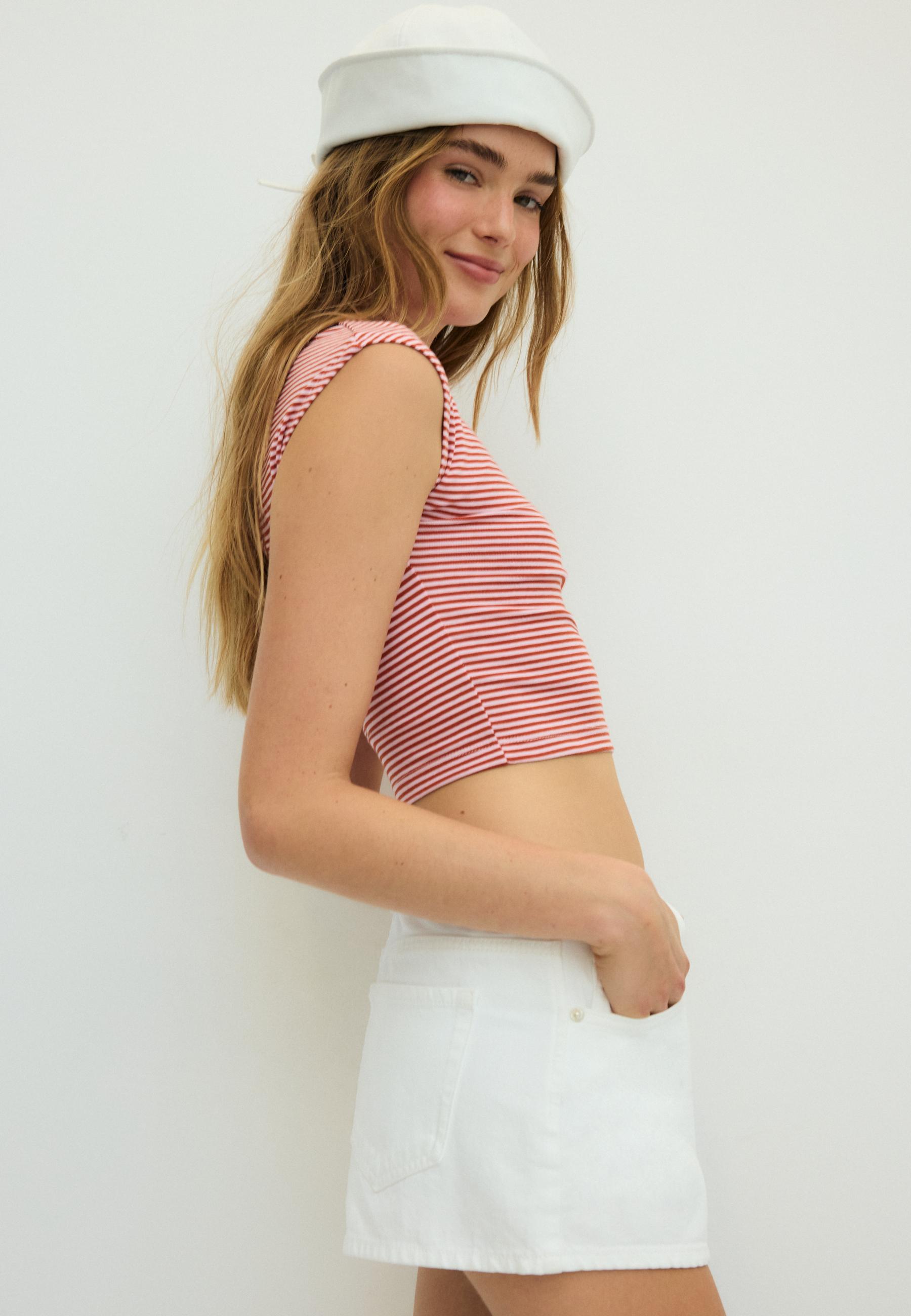Basic striped mini sleeve T-shirt — Salmon pink