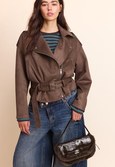 Combined mock croc and faux fur shoulder bag — Brown 4