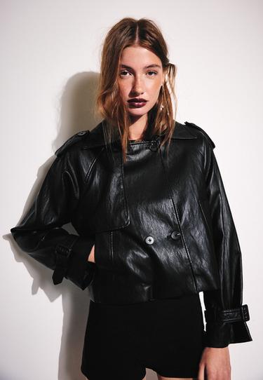 Cropped leather effect trench coat — Black 1