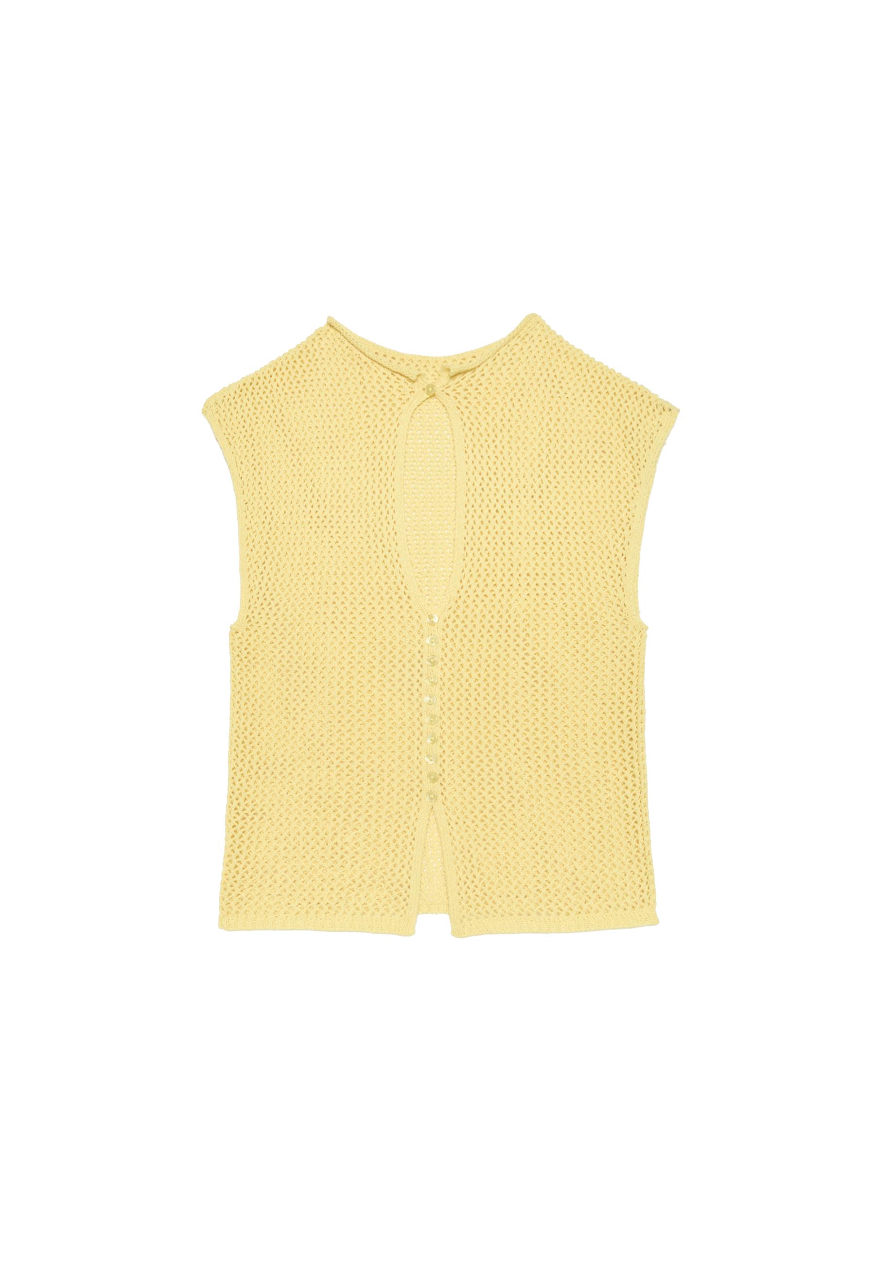 Cutwork split-neck knit top — Pastel yellow
