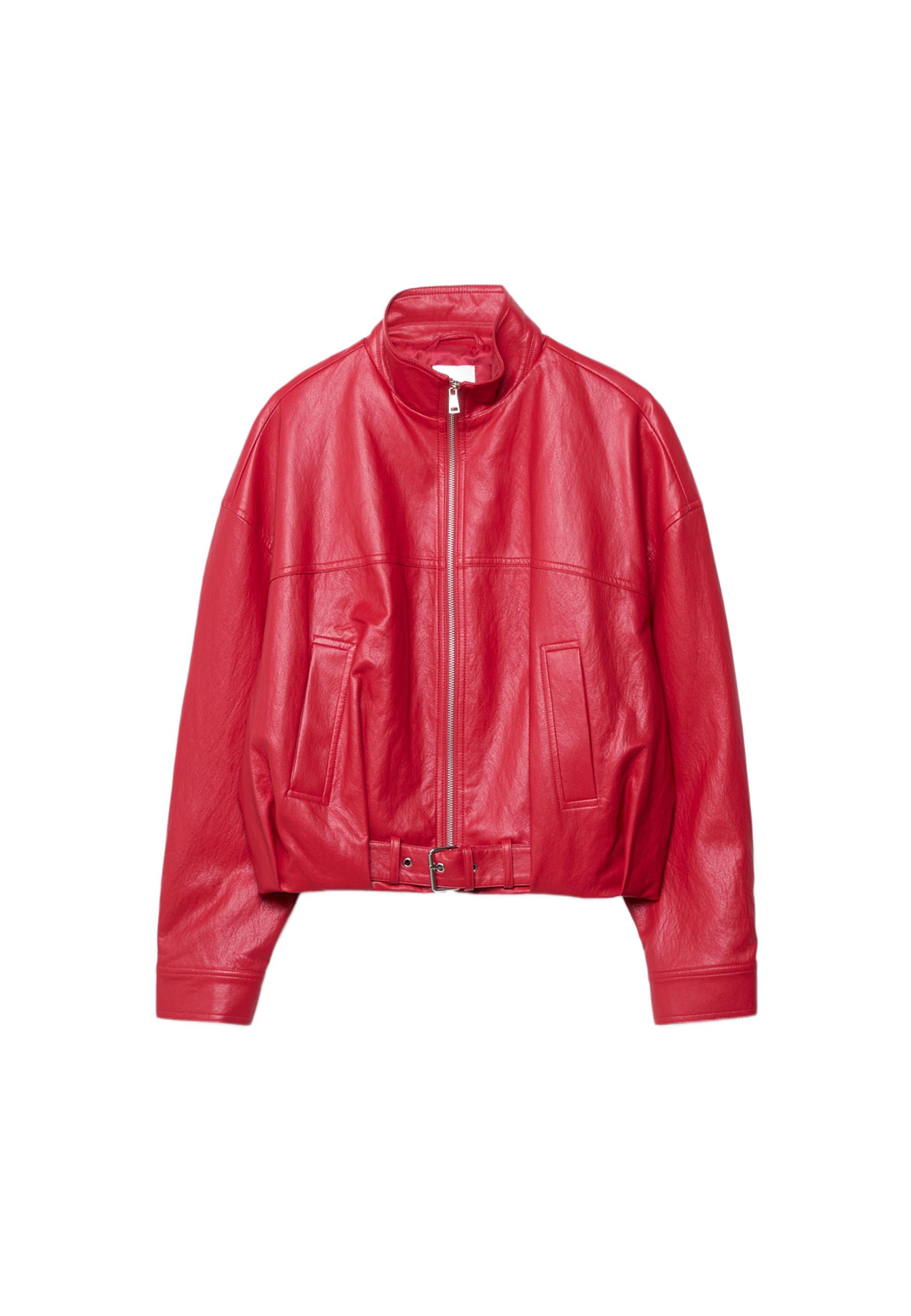Leather effect balloon jacket with belt detail — Red