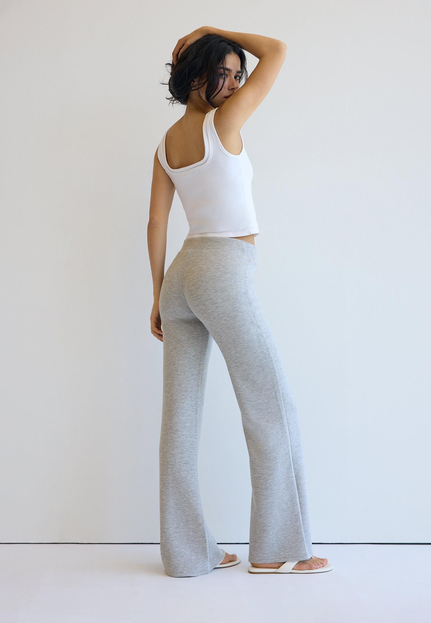 Soft-touch bell bottom trousers with front seam detail — Grey melange