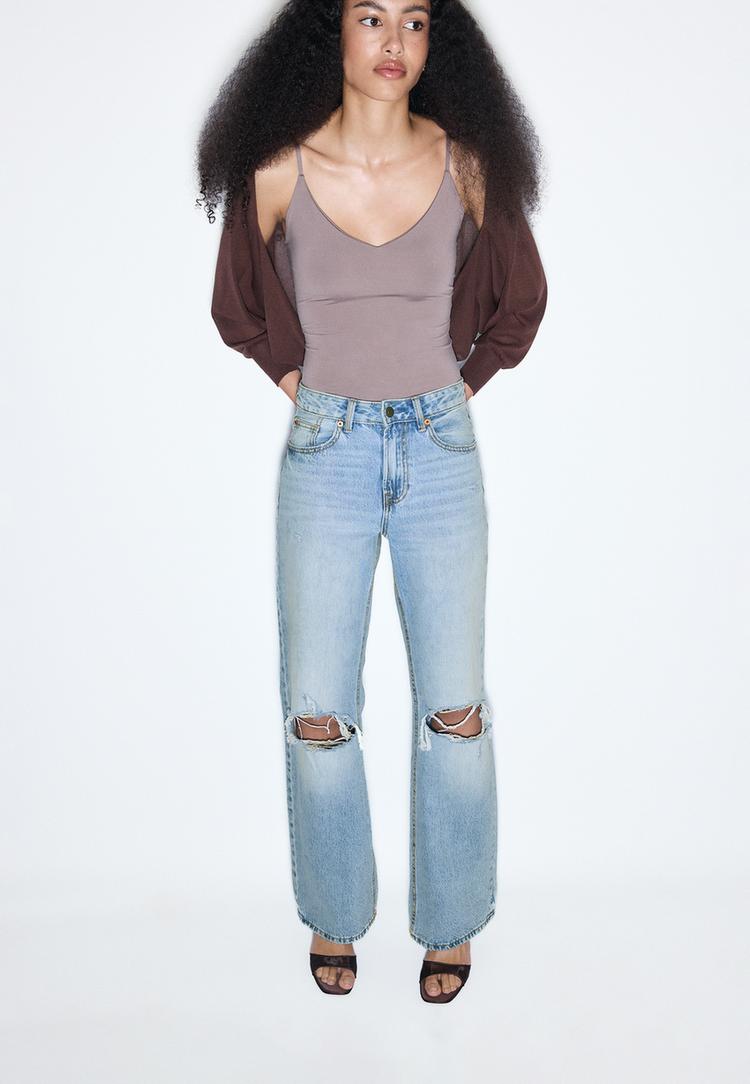 Stradivarius Blugi D92 Straight Fit Largi Efect Prespălat Denim Albastru Mediu 38