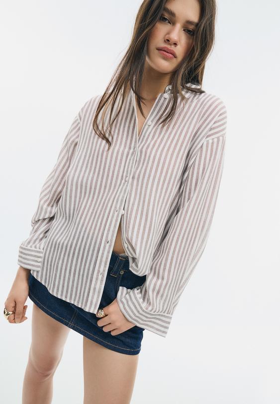 Stradivarius Chemise Effet Lin Marron Xl