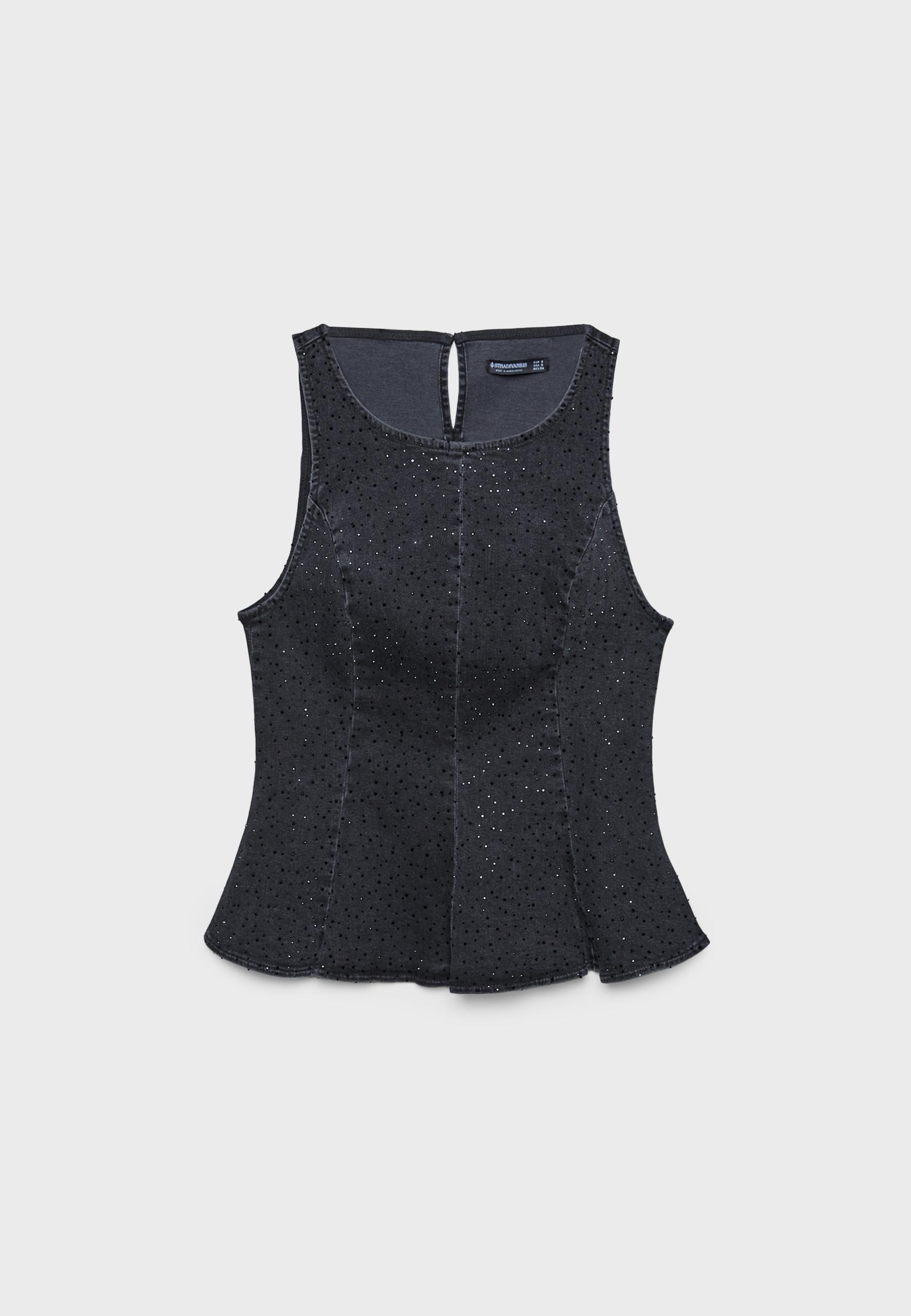 Denim peplum top with rhinestones — Black