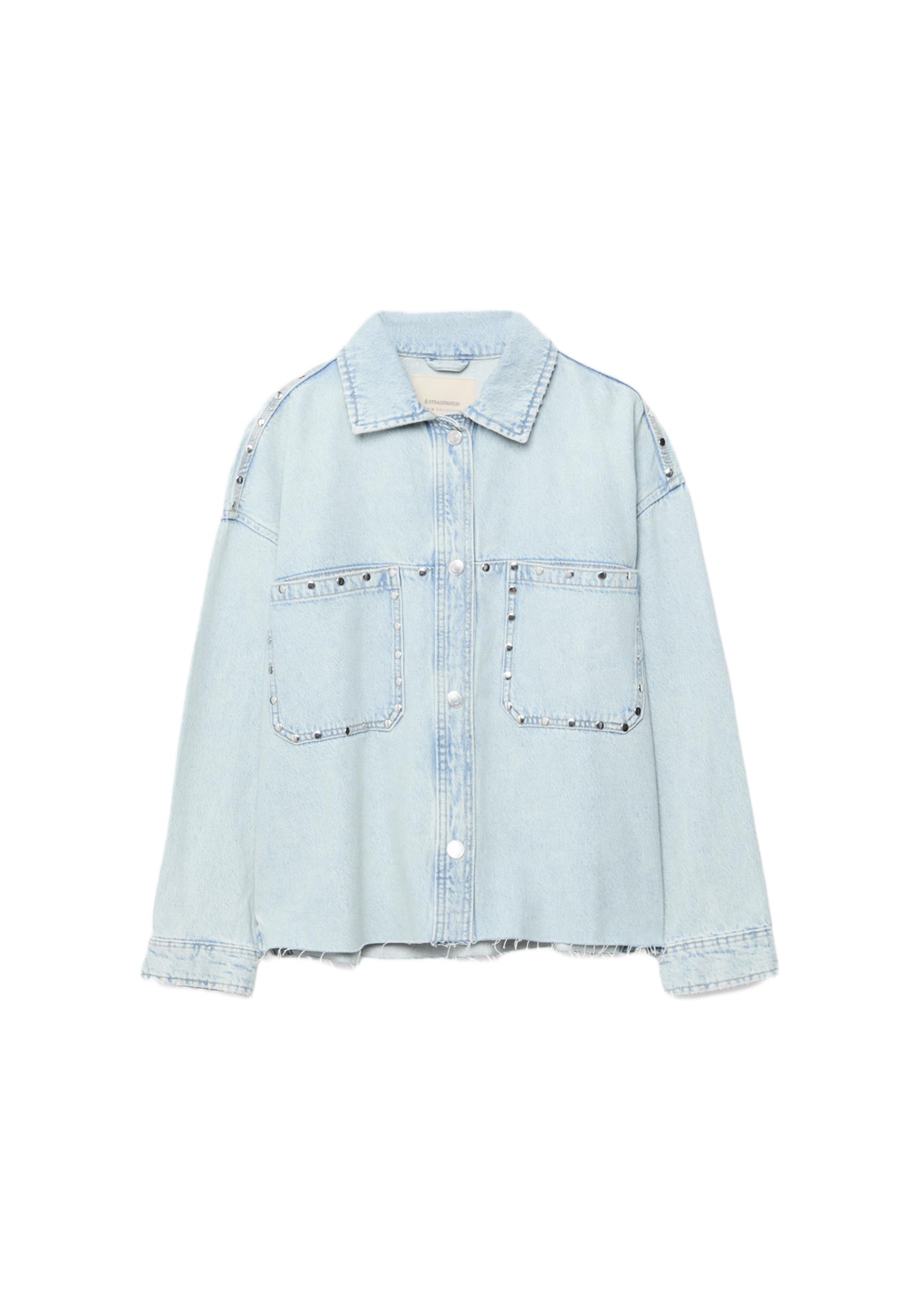 Cropped denim overshirt with studs — MEDIUM BLUE DENIM