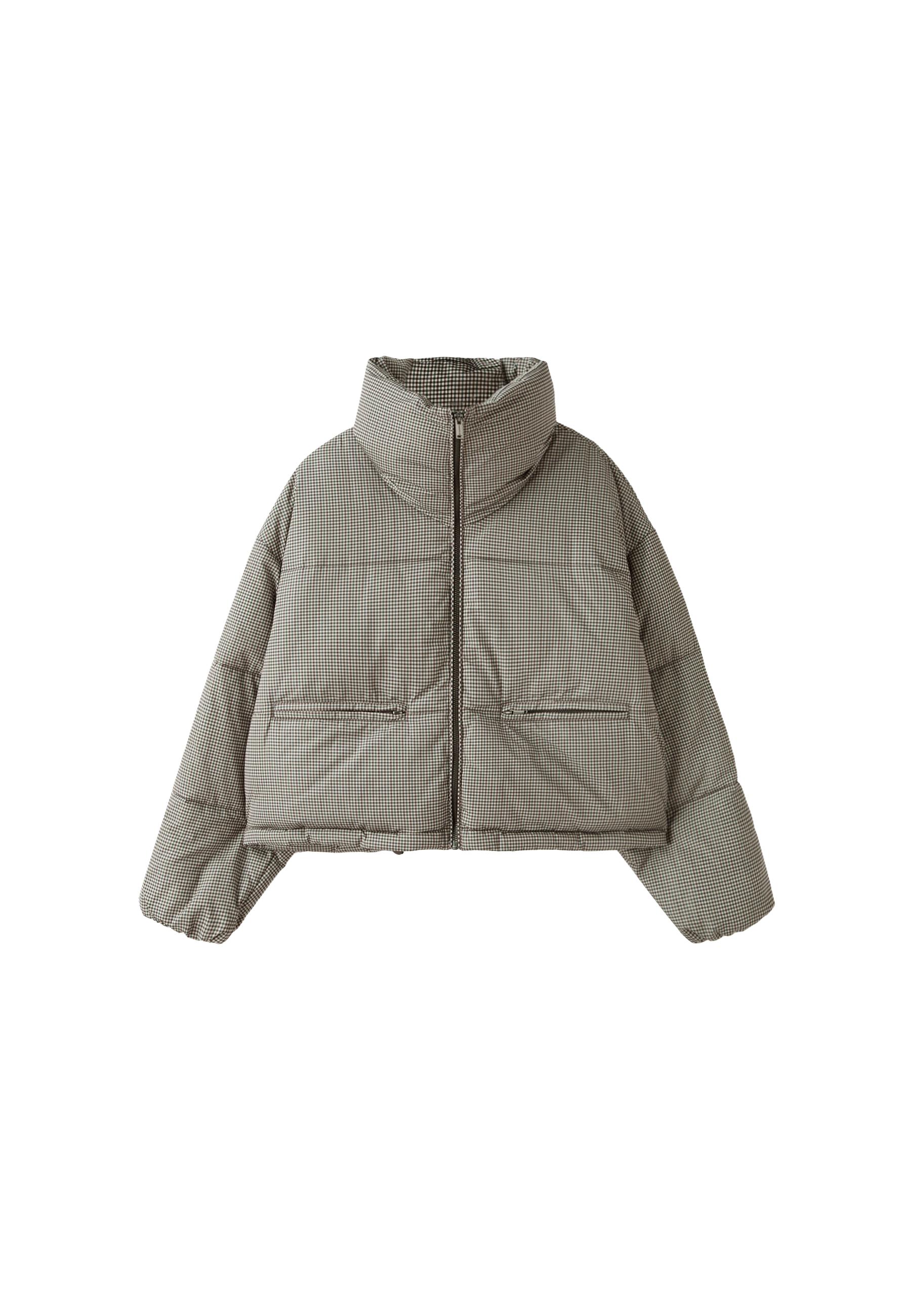 Check high-neck cropped padded jacket — Beige