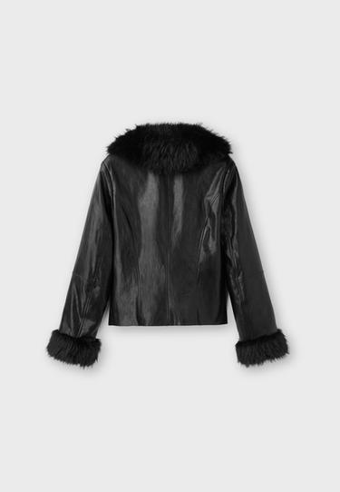Fitted leather effect jacket with faux fur collar — Black 8