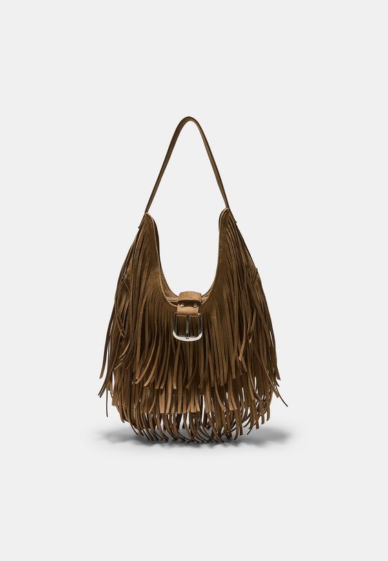 Stradivarius Shoulder Bag With Fringe And Buckle Detail Caramel Os