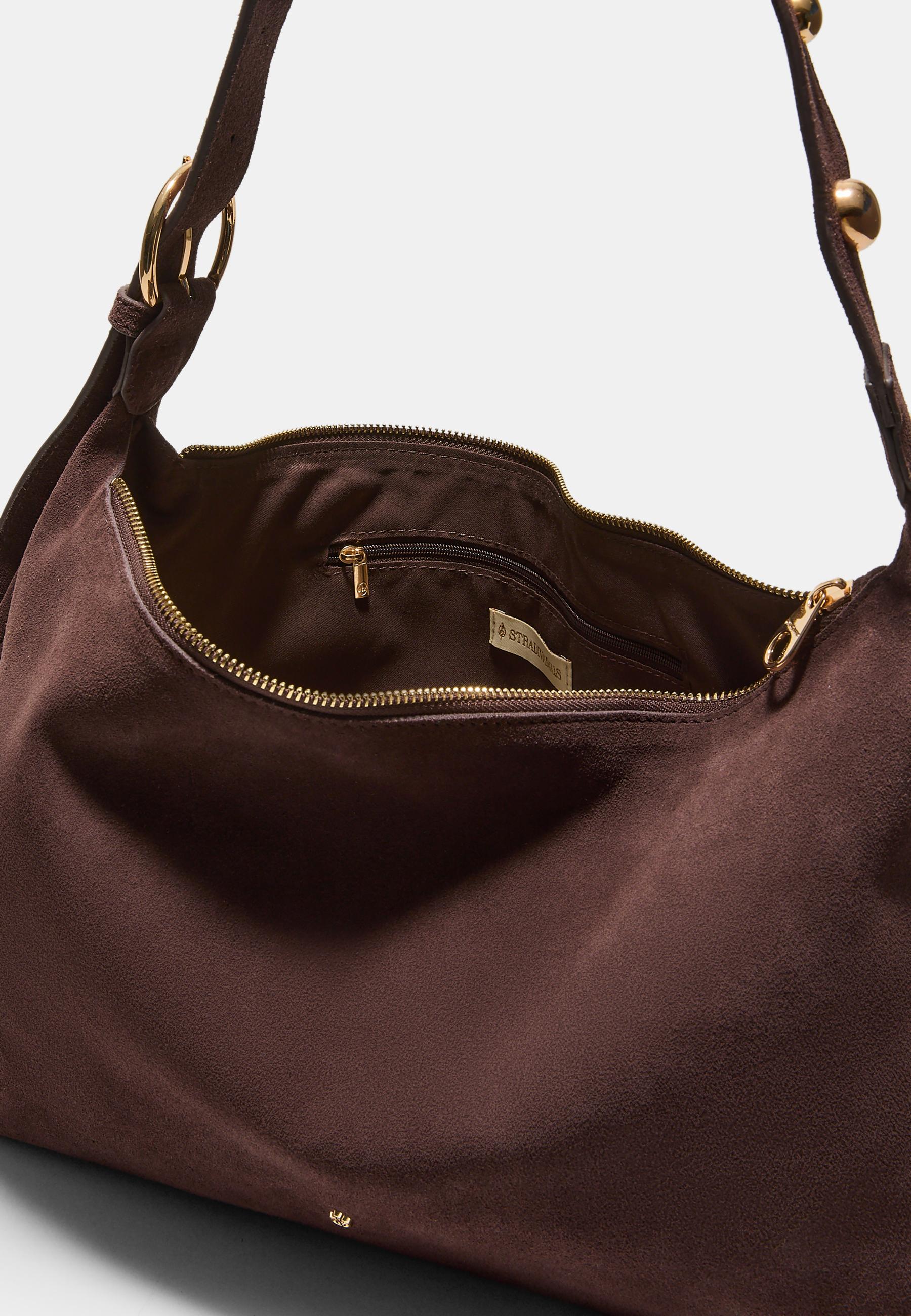 Studded flat shoulder bag, 100% leather — Brown