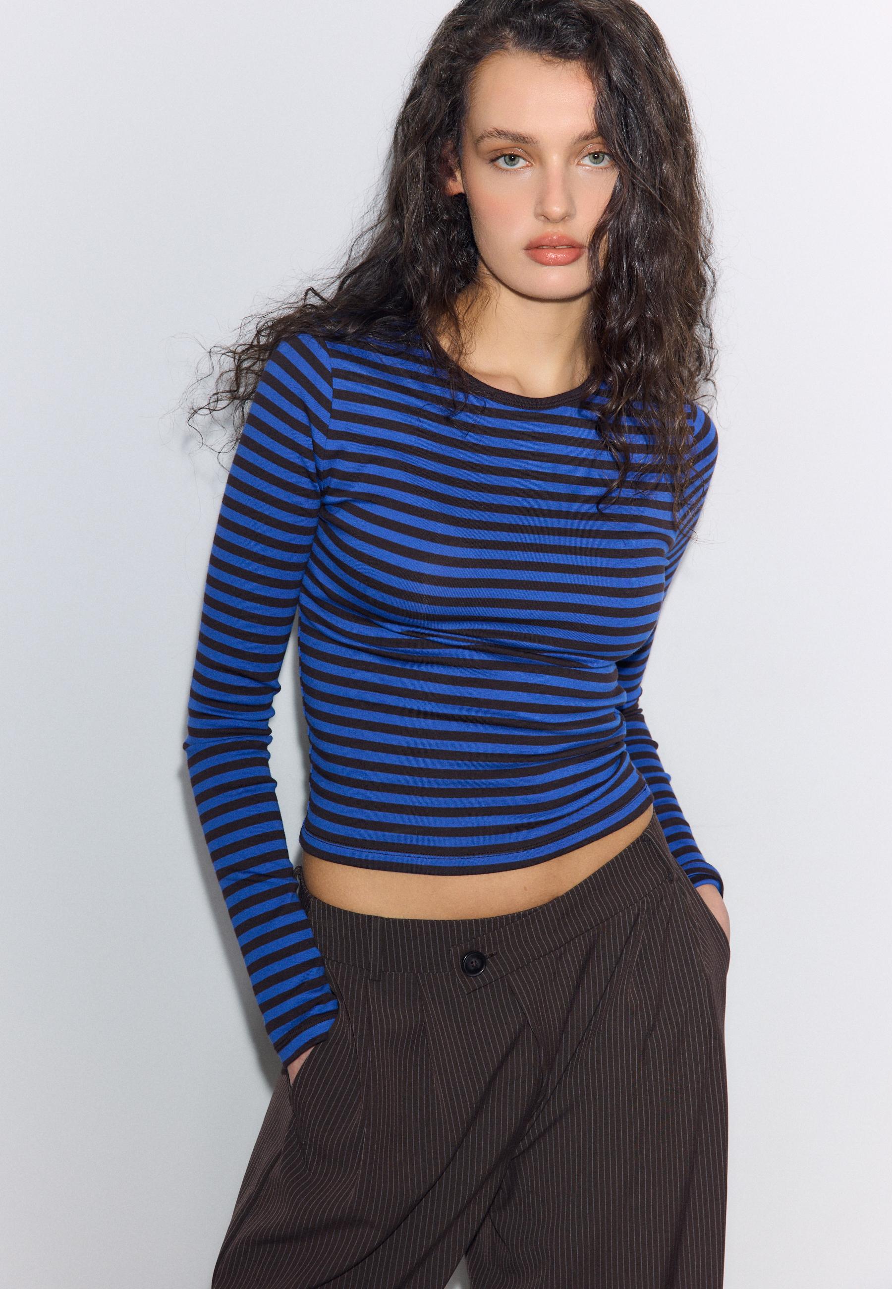 Basic long sleeve striped cotton t-shirt — Electric blue