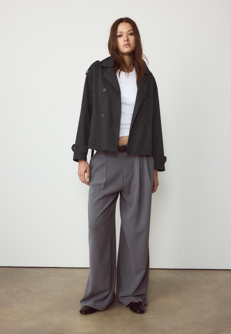 Stradivarius Κοντή, Ριχτή Καμπαρντίνα Με Ζώνη Μαύρο L