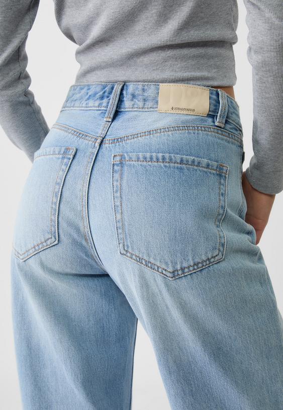 Stradivarius Blugi D92 Straight Fit Largi Efect Prespălat Denim Albastru Deschis 40