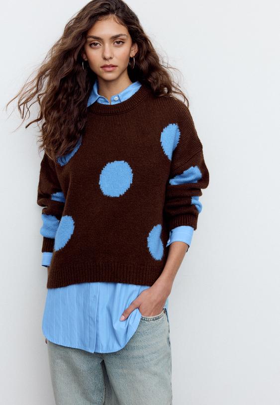 Stradivarius Pulover Din Tricot Cu Buline Maro M