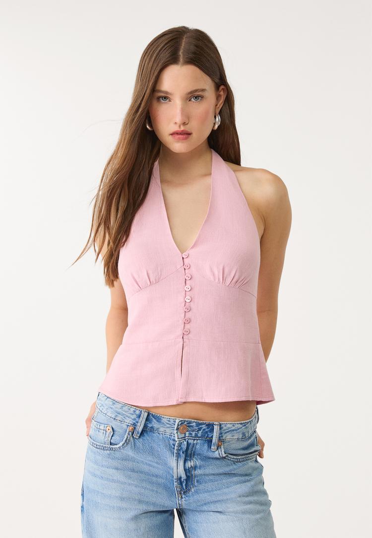 top halter botones con lino