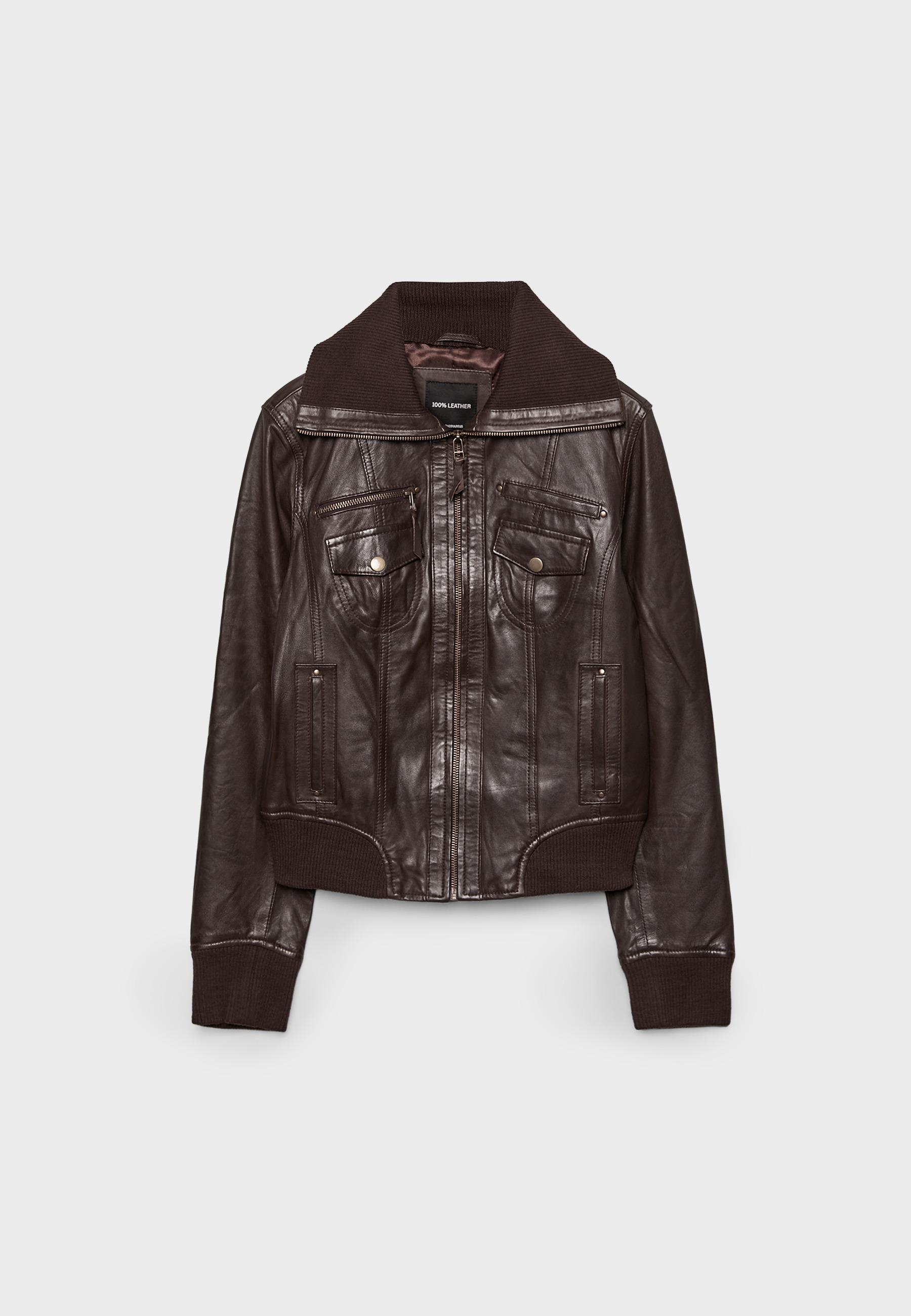 Ribbed Combined Leather Jacket — Brown