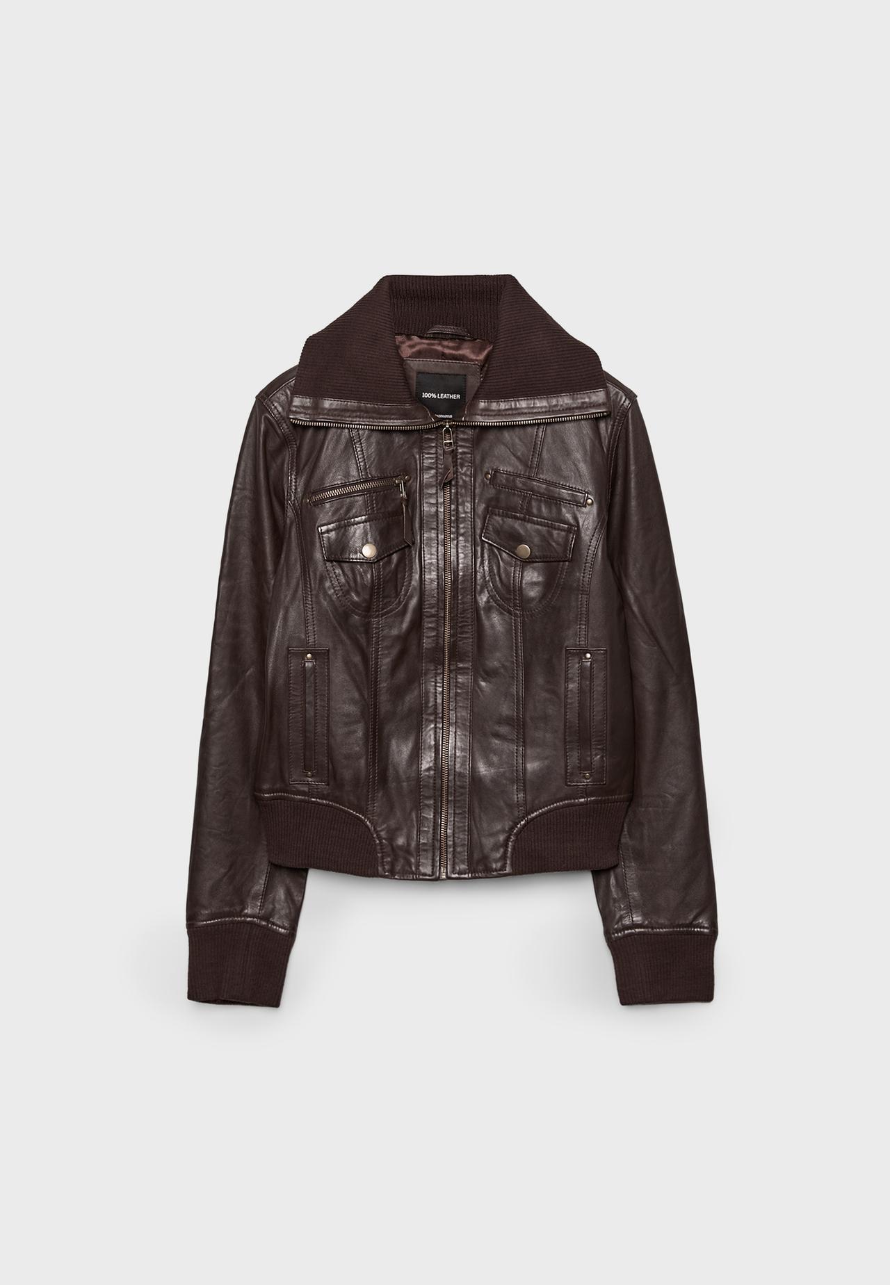 Leather jacket with ribbed trim — Brown