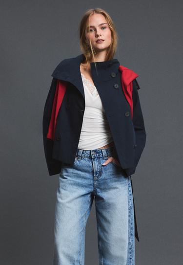 High neck trench coat with belt — Dark blue 1