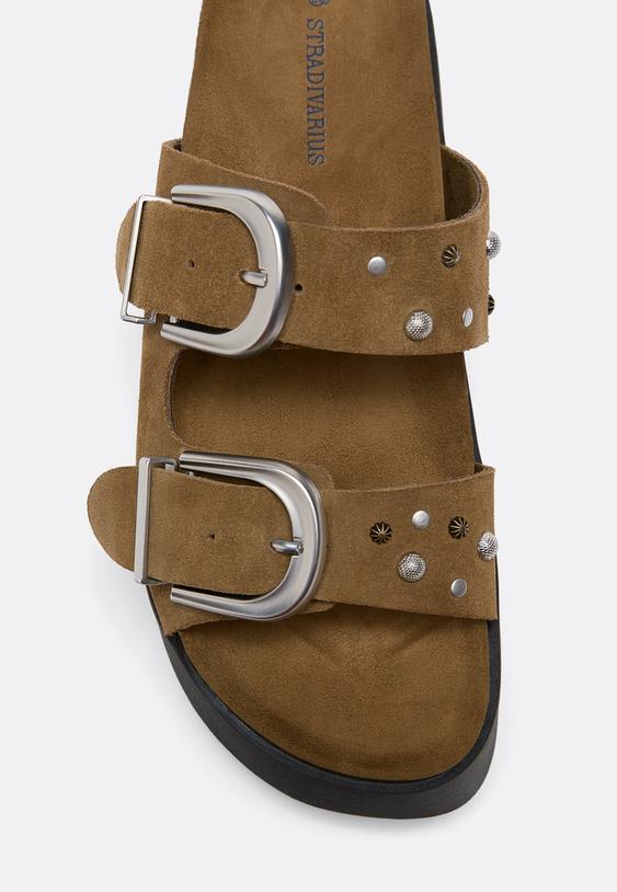 Stradivarius Platform Leather Buckle Sandals Beige 6