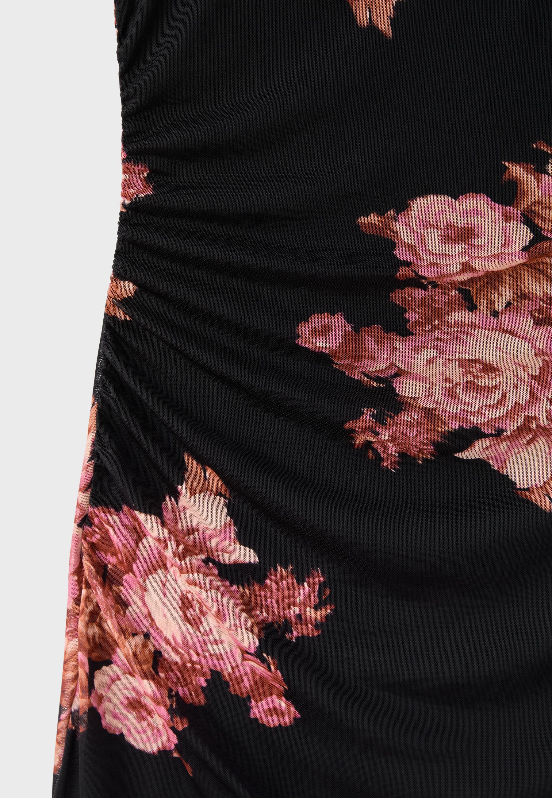 Floral print fitted tulle short dress — Black