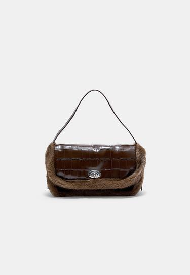 Combined mock croc and faux fur shoulder bag — Brown 1