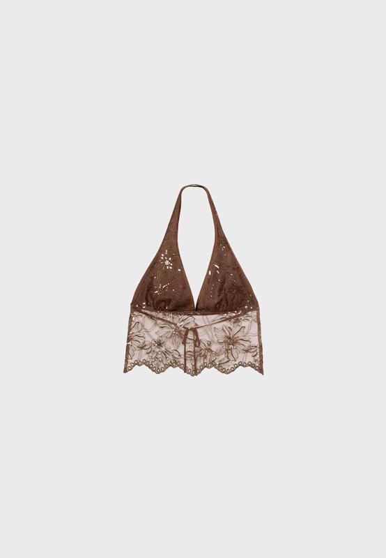 Neckholder-Top mit Glitzerstickerei