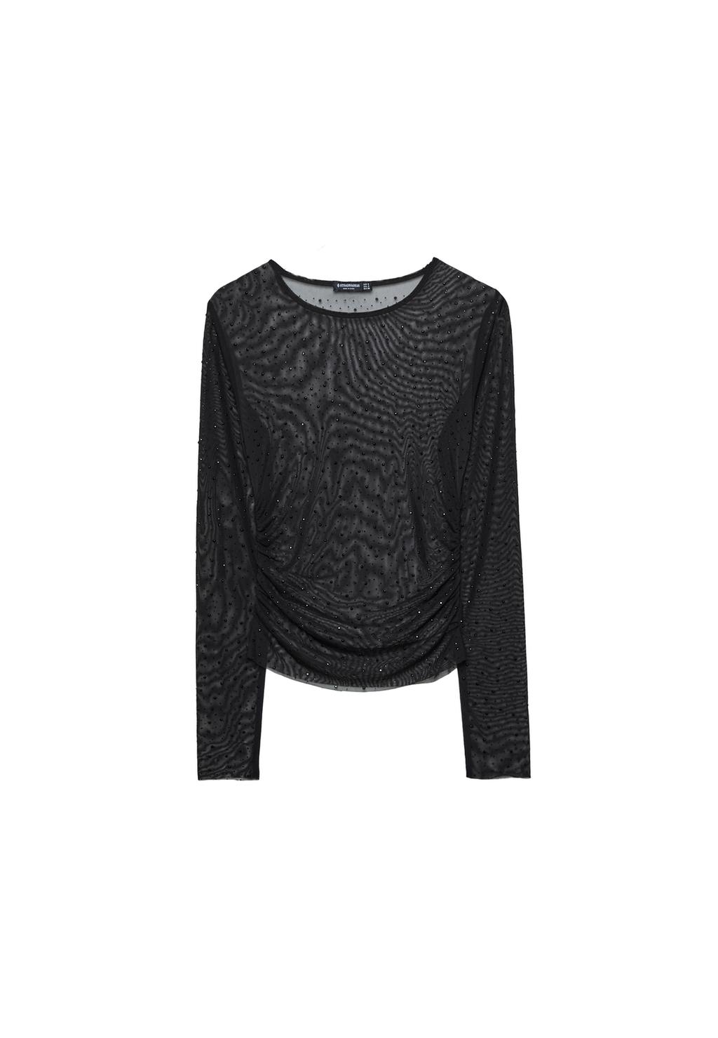 Semi-sheer T-shirt with rhinestones and gathering