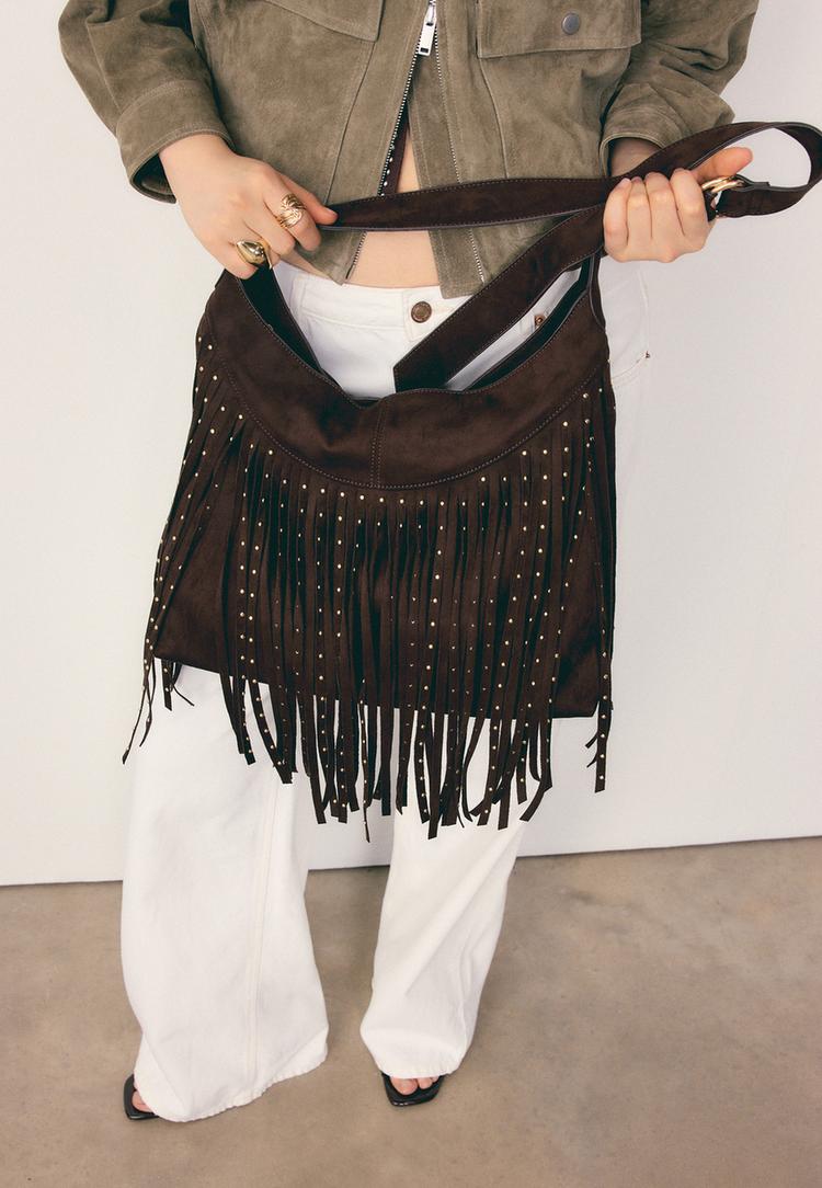  Stradivarius Τσάντα Ώμου Με Απαλή Υφή Και Κρόσσια Καφέ Os - 4