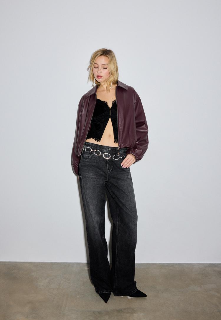 Stradivarius Καπιτονέ Bomber Τζάκετ Όψης Δέρματος Γκρενά Xl