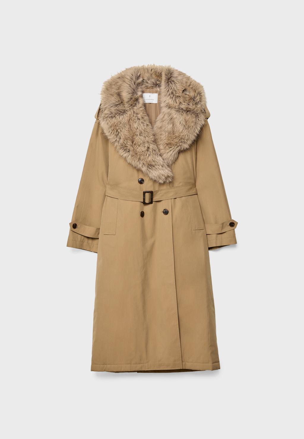 Long quilted trench coat with faux fur detail