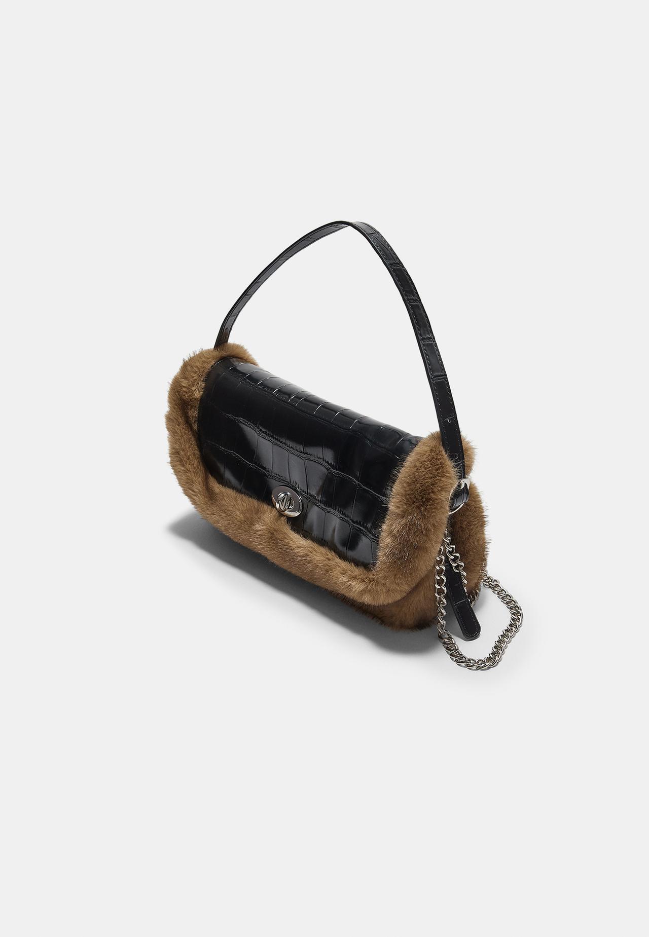 Combined mock croc and faux fur shoulder bag — Black
