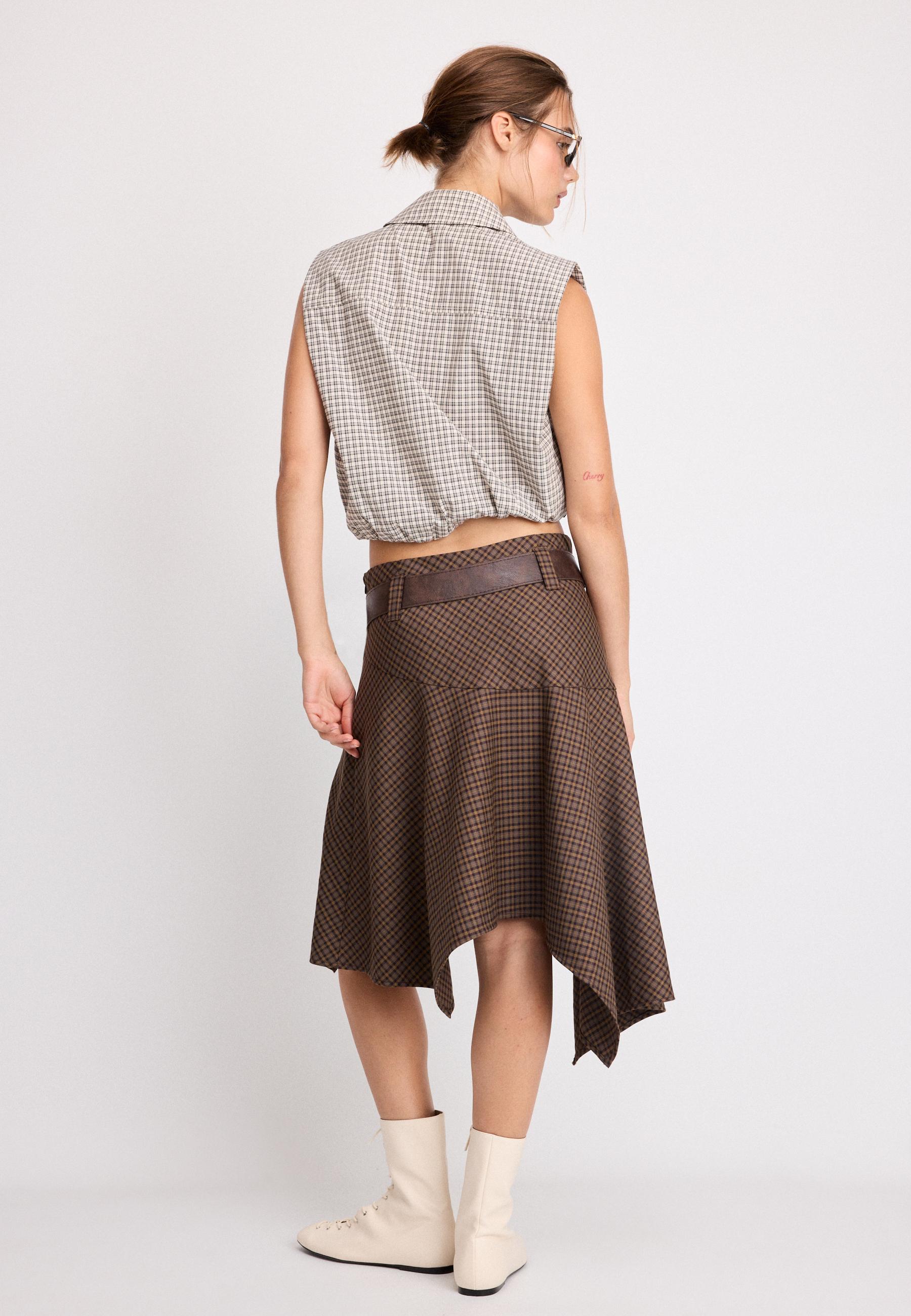 Check skirt with belt — Beige