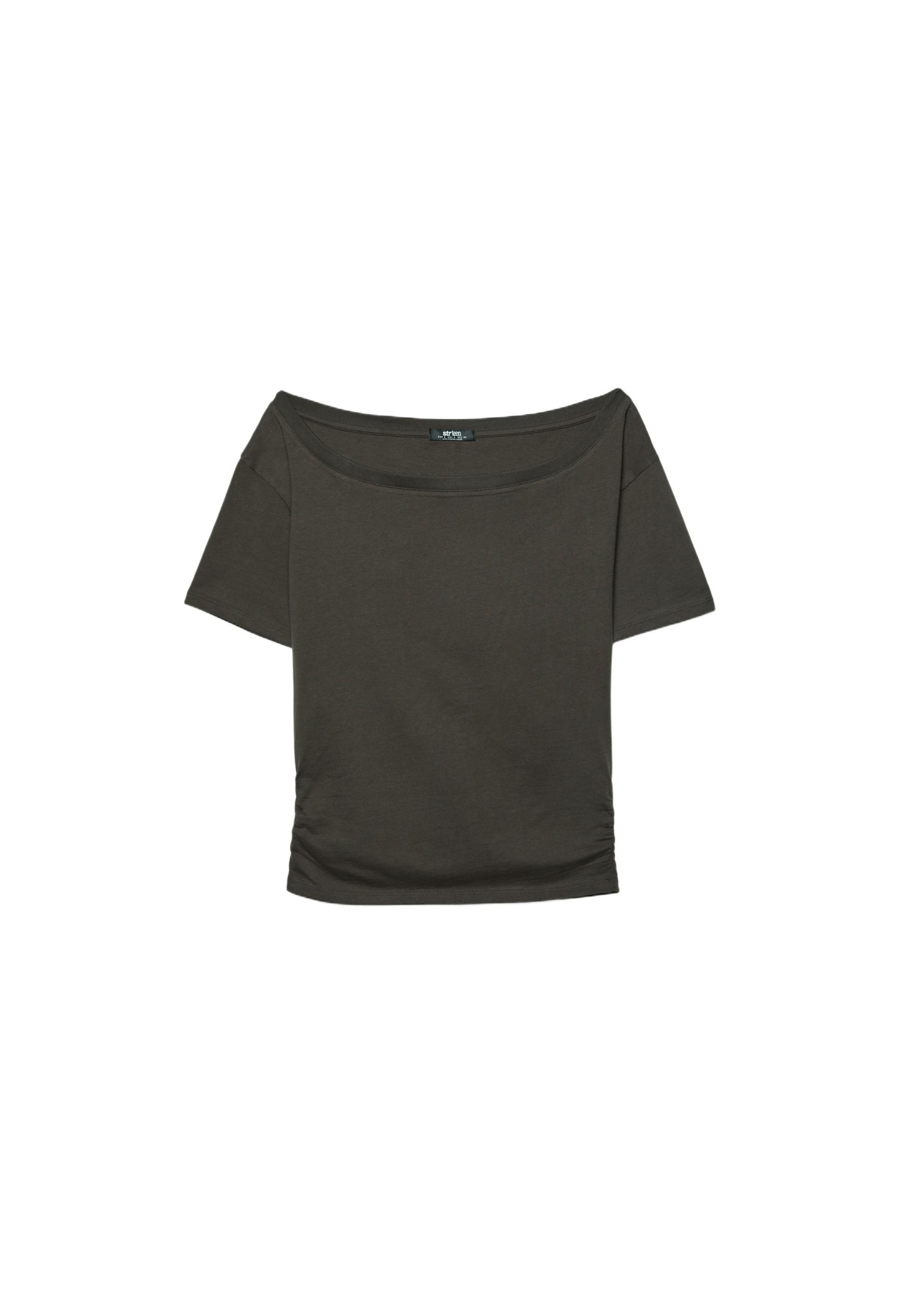 Short sleeve boat neck T-shirt with gathers — Brown