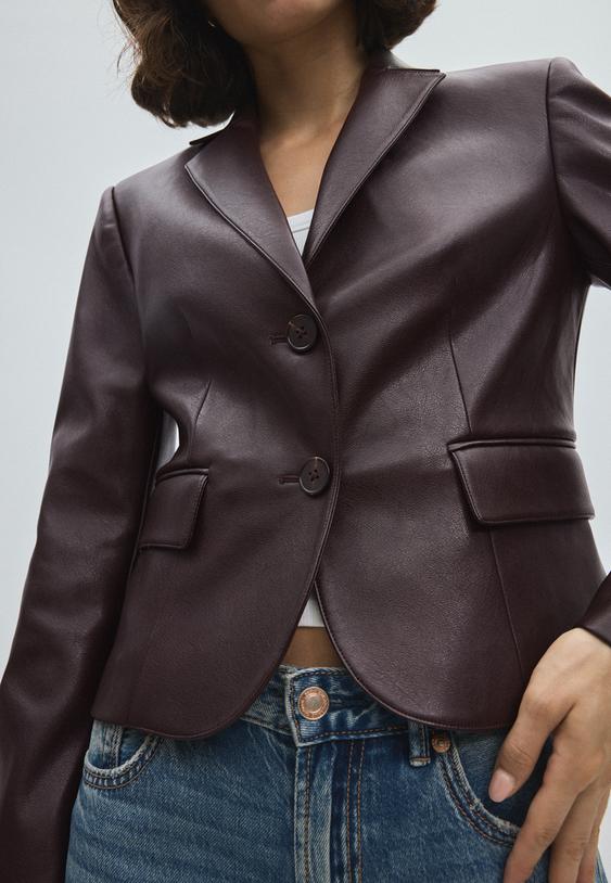 Stradivarius Cropped Fitted Leather Effect Blazer Brown M