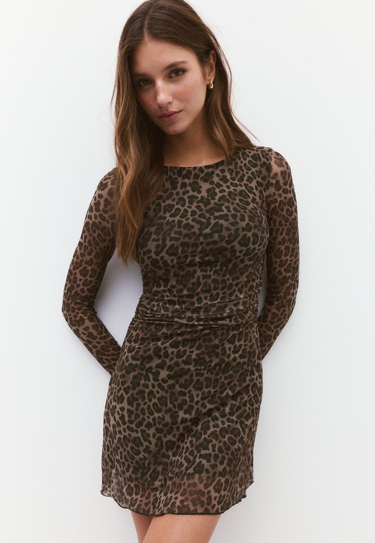 Stradivarius Korte Jurk Met Tule Print Middenbeige Xl