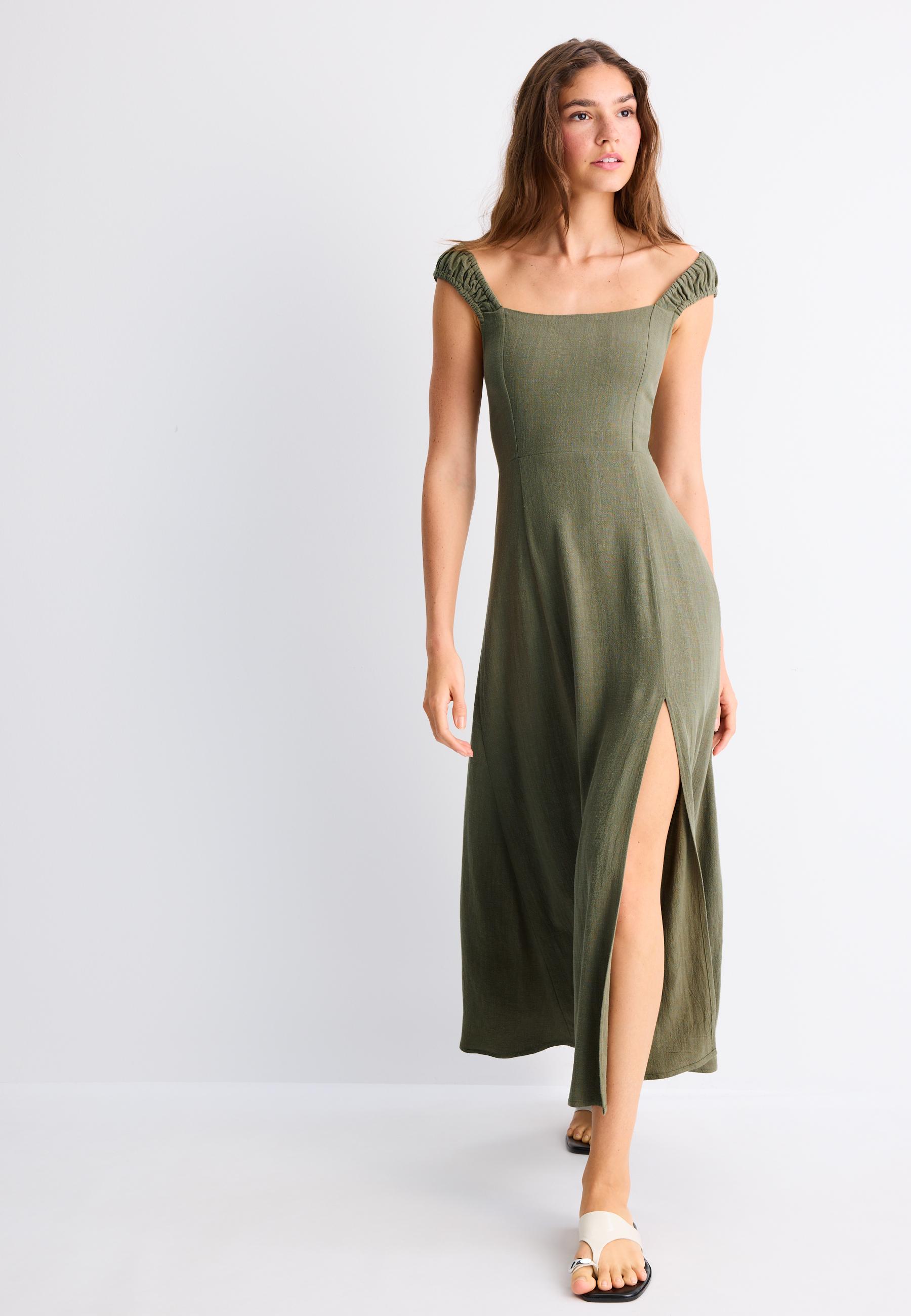 Linen-look cross-back midi dress — Khaki