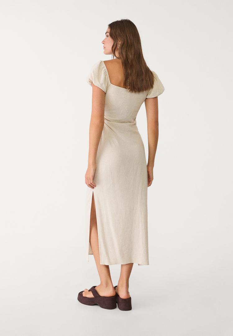 vestido midi manga abullonada con lino