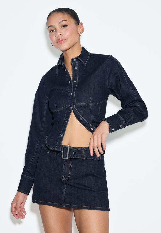 Kemerli denim şort etek - Görsel 2