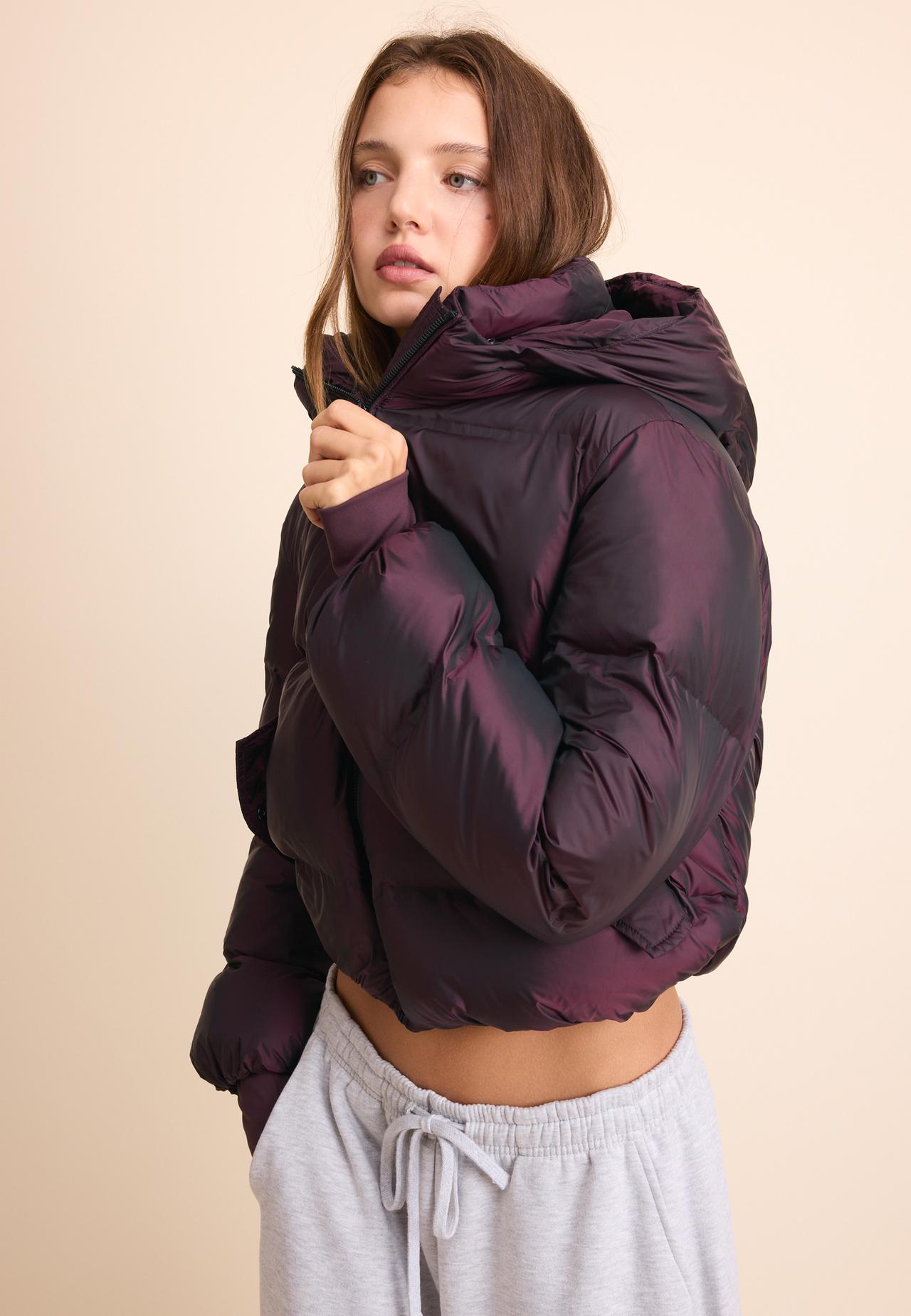 Shiny padded jacket with hood — Dark purple