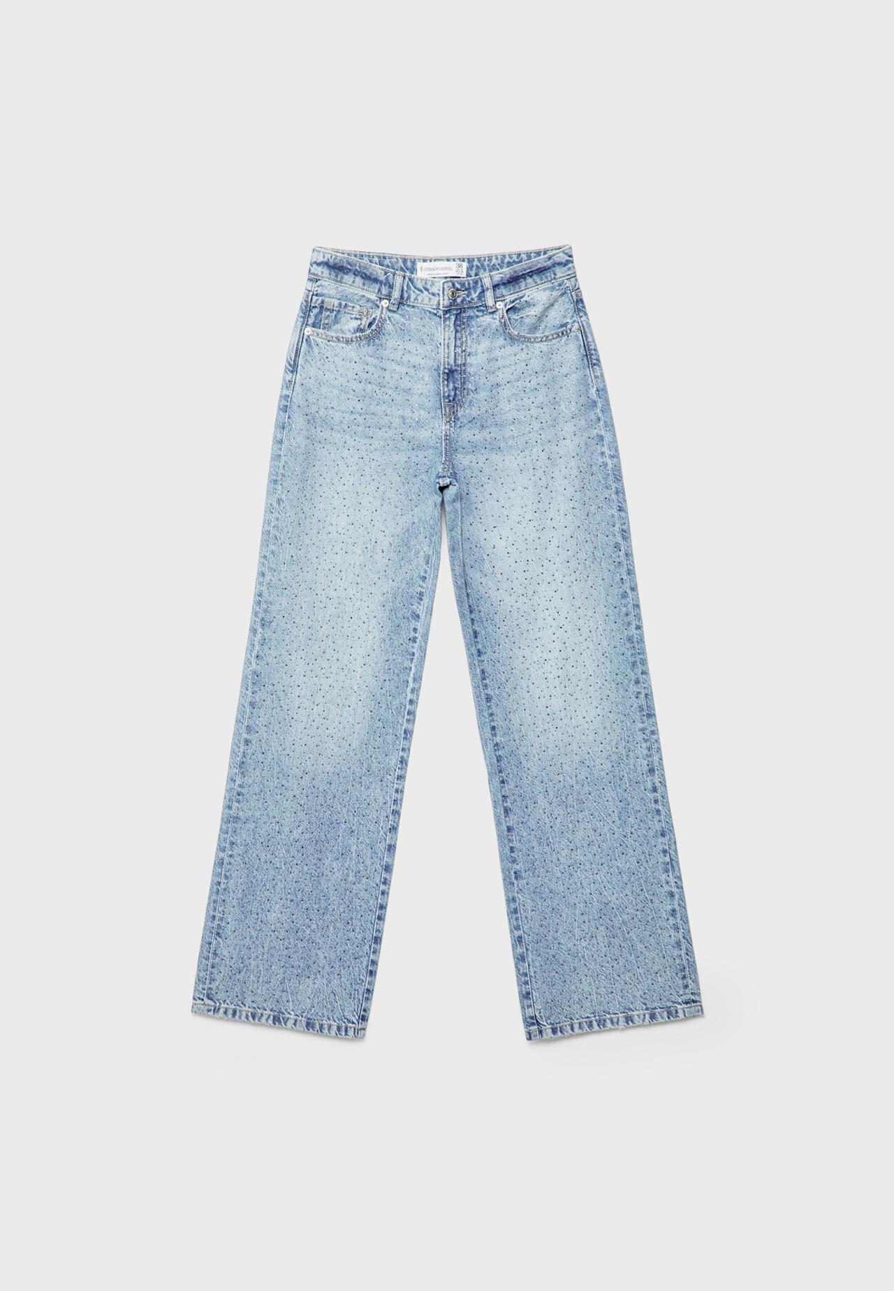 Straight-leg jeans with rhinestones — MEDIUM BLUE DENIM