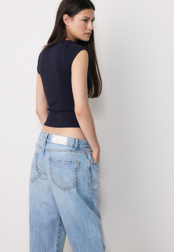 Stradivarius Basic Boat Neck T-Shirt Dark Blue Xl