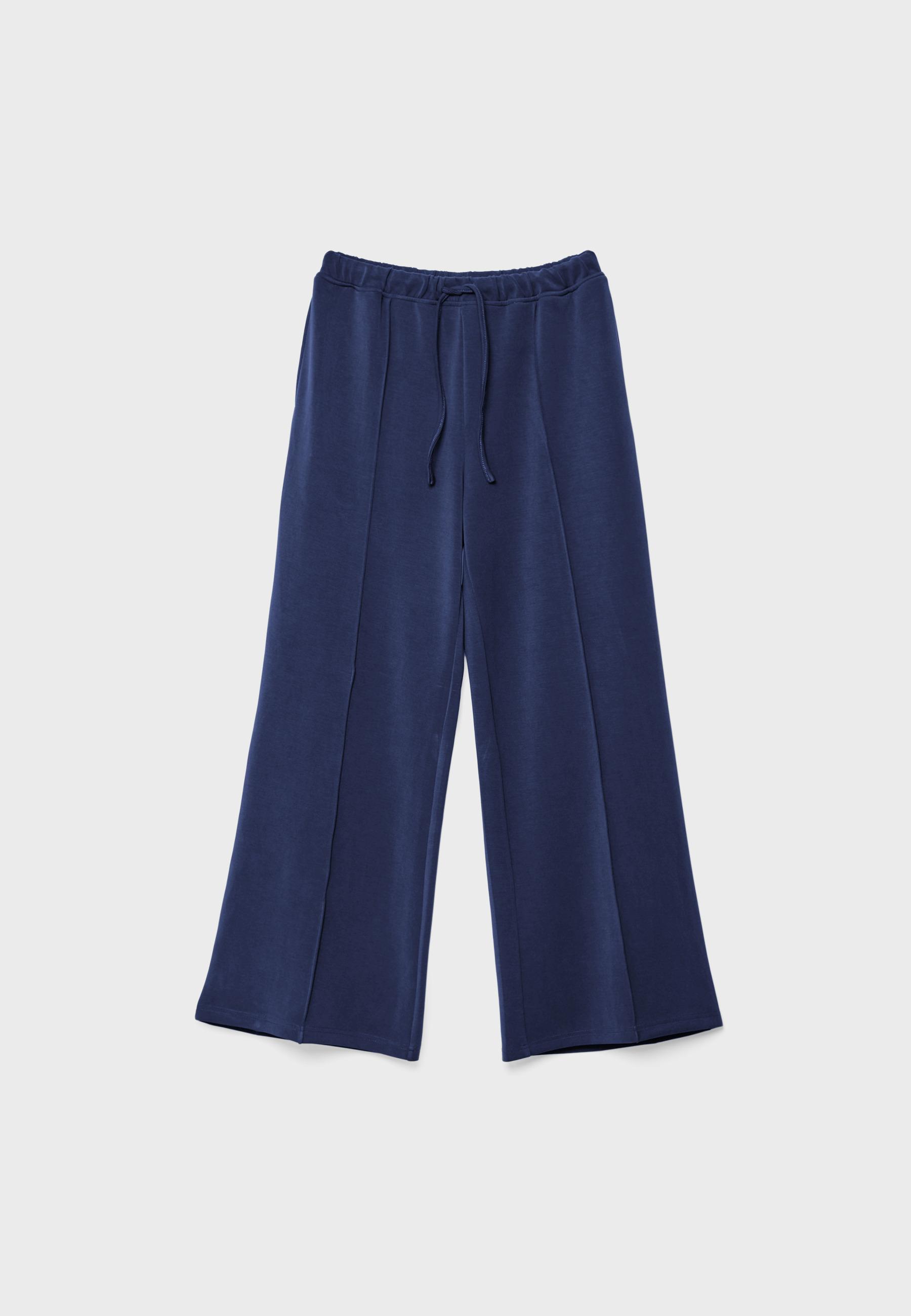 Soft-touch wide-leg pin-tuck joggers — Navy blue