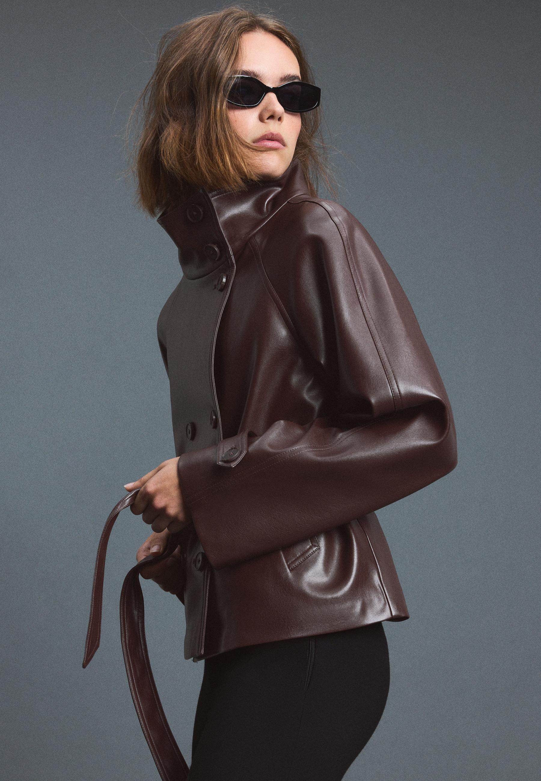 High neck leather effect trench coat — Brown