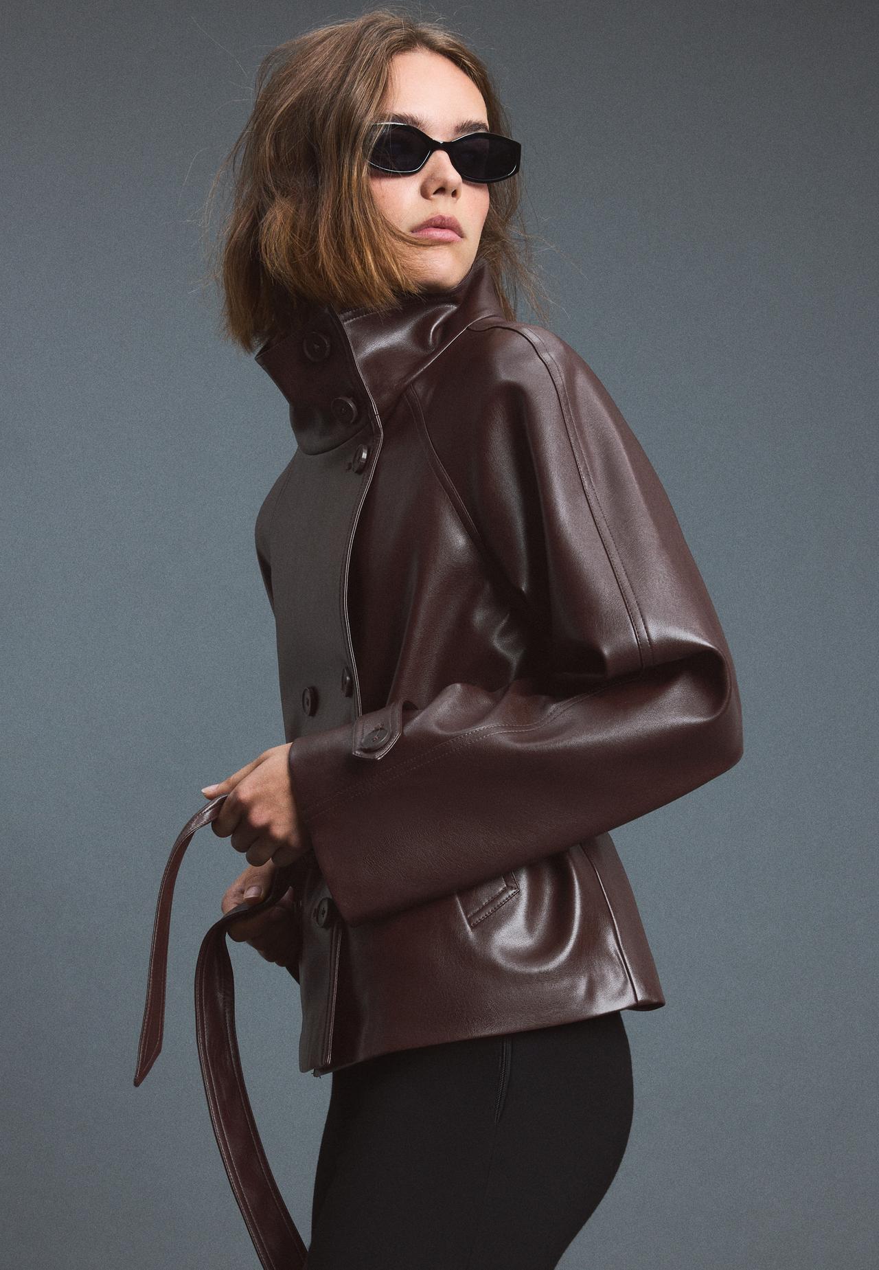 High neck leather effect trench coat — Brown